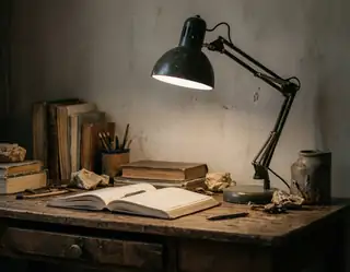 A vintage desk lamp casts warm light on an open book surrounded by old books pencils and weathered artifacts.
