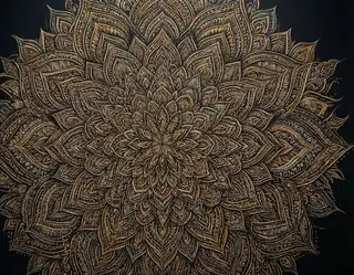 A detailed golden mandala with layered petal patterns on a black background