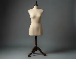 A beige fabric mannequin torso stands on a dark wooden tripod base against a muted gray studio backdrop.