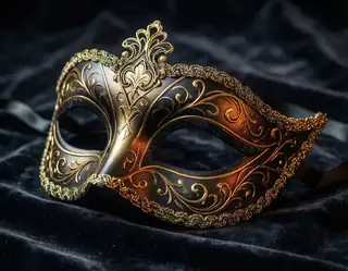 An ornate black masquerade mask with gold filigree resting on dark velvet
