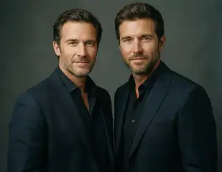 Two men in dark suits stand side by side against a muted gray backdrop with confident expressions.