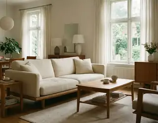 A bright airy living room with a beige sofa wooden coffee table and large windows letting in natural light.