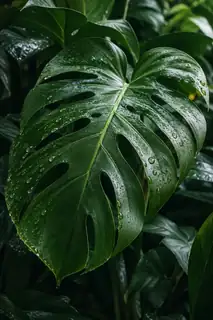 Deep green monstera foliage with water droplets in soft daylight