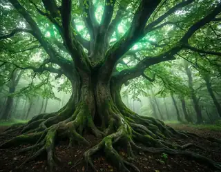 A broad ancient tree with twisting roots and a luminous green canopy in a misty woodland