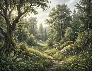 A sunlit forest path winds through mossy rocks and ferns under a canopy of ancient trees.