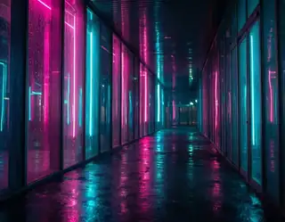 Pink and cyan neon lights reflected across the glossy floor of an empty dark corridor