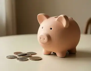 A pale pink ceramic piggy bank beside several coins on a light tabletop