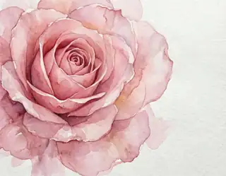 A delicate pink watercolor rose painted on textured white paper with space to the right