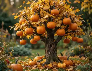 A small golden-leaved tree decorated with hanging orange pumpkins in an imagined autumn garden