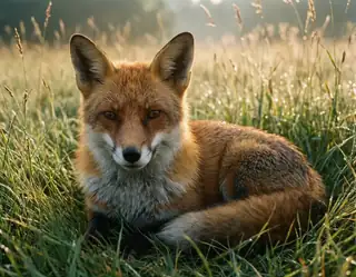 A red fox rests alertly in sunlit grass with dewdrops glistening on blades around it.