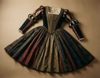 A richly detailed Renaissance gown with puffed sleeves and layered skirt lies flat against a warm beige background.
