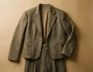 A brown patterned blazer laid over matching trousers on a warm beige background