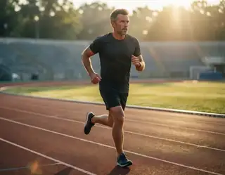 A middle-aged man runs dynamically on a red track at sunrise with stadium bleachers in soft golden light.