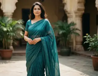 An adult woman wearing a teal saree and standing in a courtyard framed by stone columns