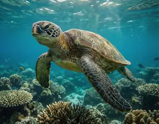 A green sea turtle glides gracefully above vibrant coral reefs under sunlit turquoise waters.