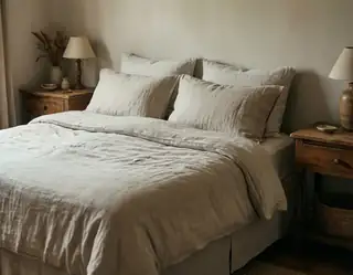 A serene bedroom with a neatly made bed in beige linen surrounded by wooden nightstands and warm lamps.