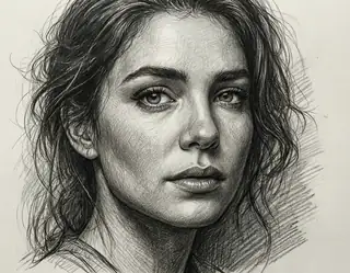 A highly detailed pencil sketch of a woman with wavy hair and intense gaze looking directly forward.