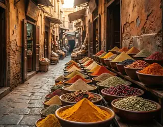 Rows of bowls filled with colorful spices lining a narrow warm-toned market alley