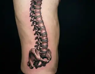 A hyperrealistic tattoo of a human spine and pelvis rendered in metallic bronze tones on a person's side against a black background.