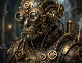 A steampunk warrior with brass gears and goggles fused into a skull mask stands in a smoky industrial chamber.