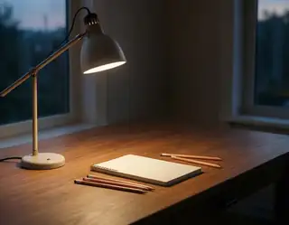 An adjustable cream desk lamp illuminating an open notebook and pencils on a wooden desk at dusk