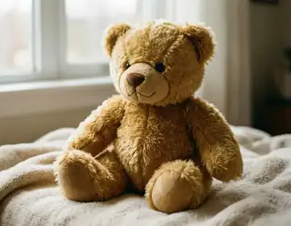 A honey-colored plush teddy bear sitting on a cream knitted blanket beside a window