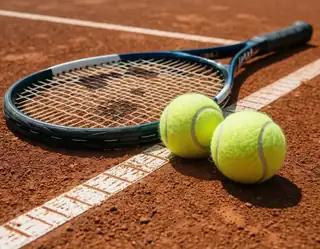 A blue tennis racket and two bright yellow balls rest on a sunlit clay court marked with crisp white lines.