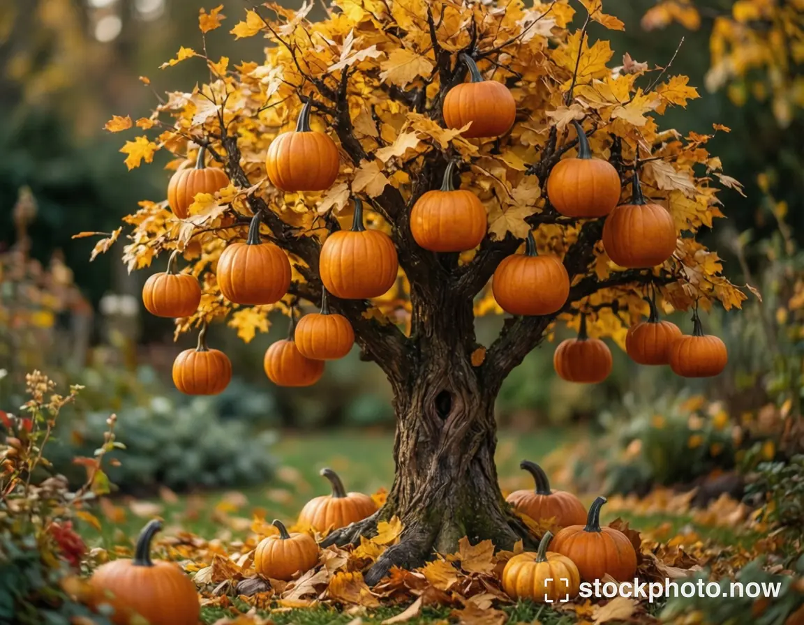 A small golden-leaved tree decorated with hanging orange pumpkins in an imagined autumn garden
