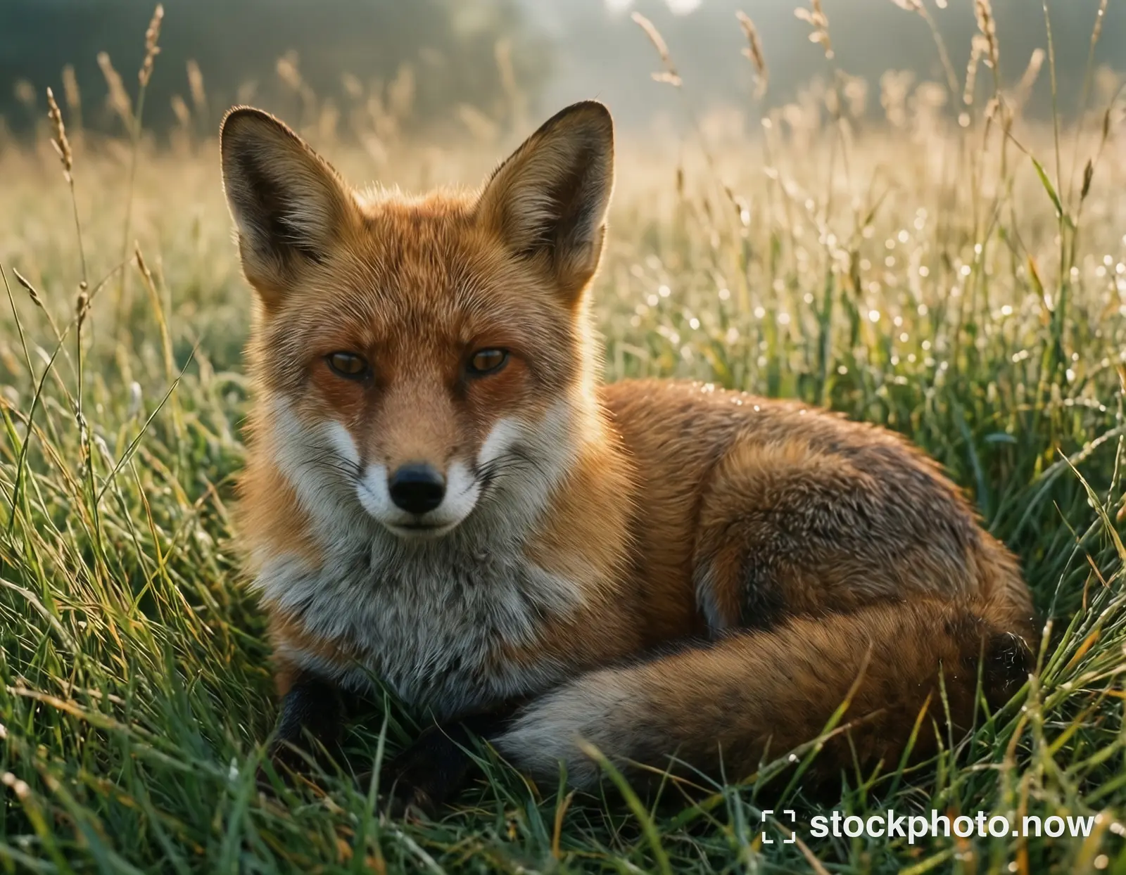 A red fox rests alertly in sunlit grass with dewdrops glistening on blades around it.