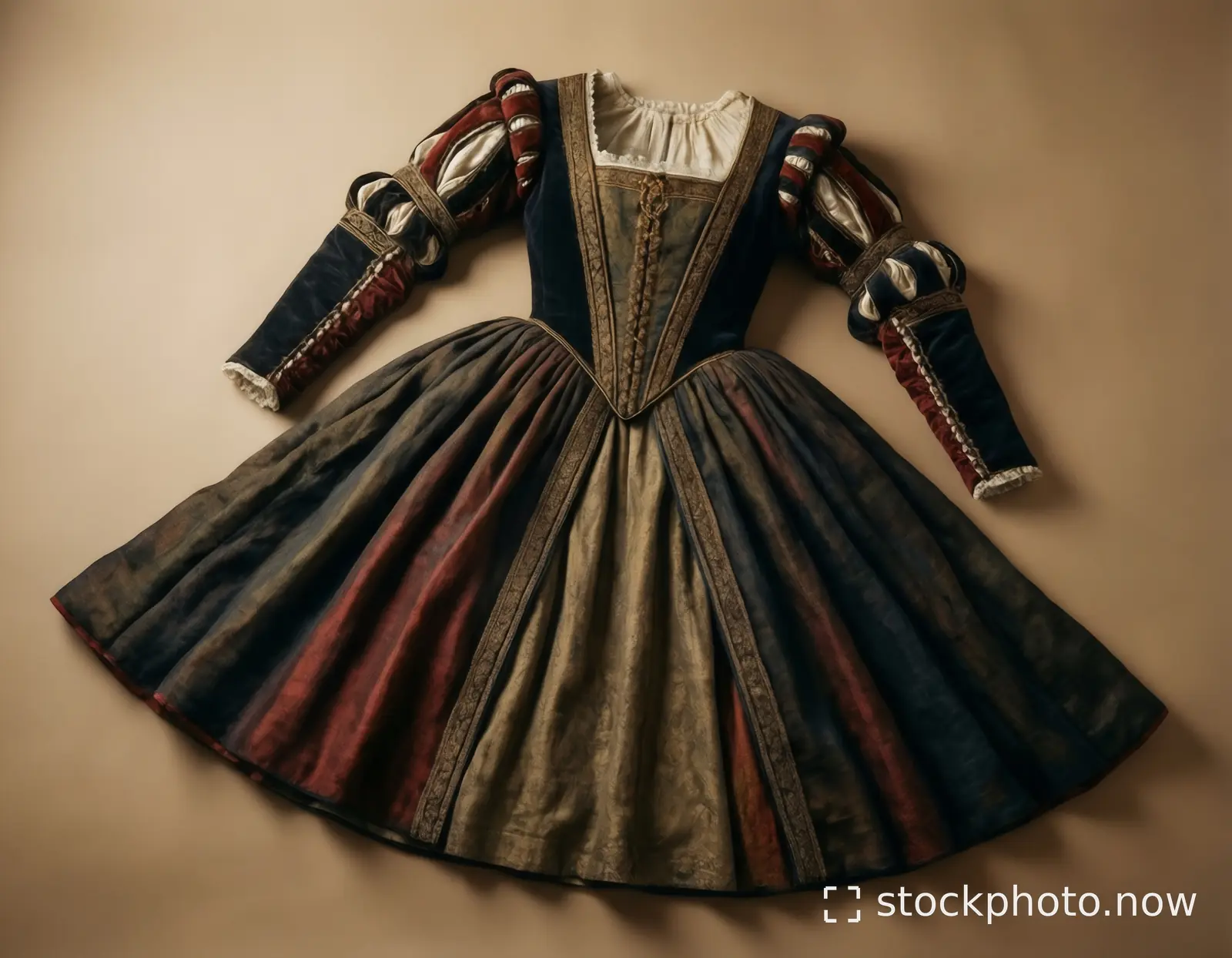 A richly detailed Renaissance gown with puffed sleeves and layered skirt lies flat against a warm beige background.