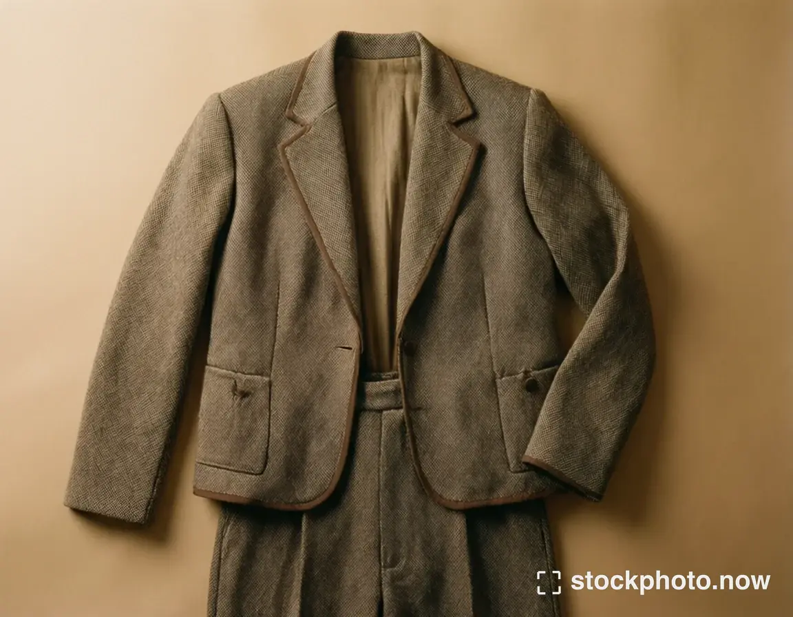 A brown patterned blazer laid over matching trousers on a warm beige background