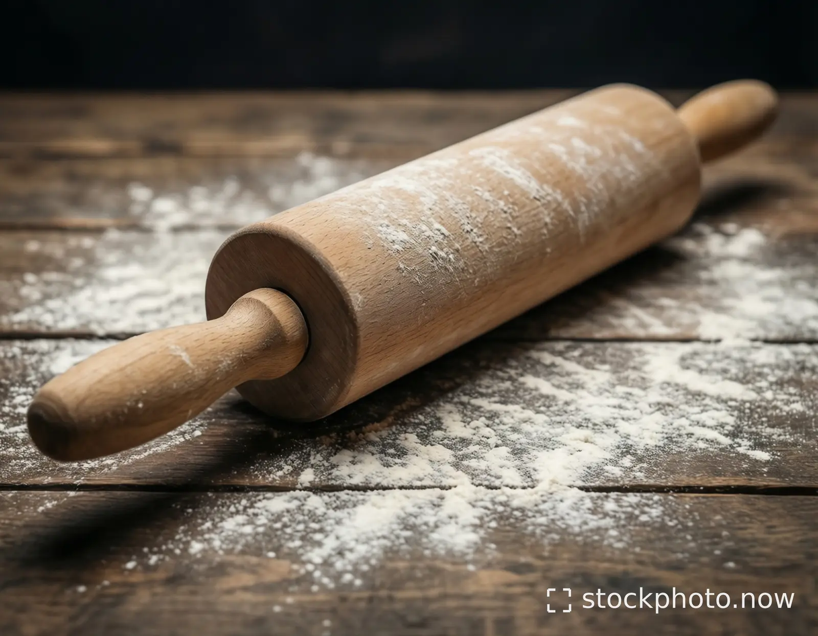 A well-worn wooden rolling pin dusted with flour rests on a dark rustic wooden table.