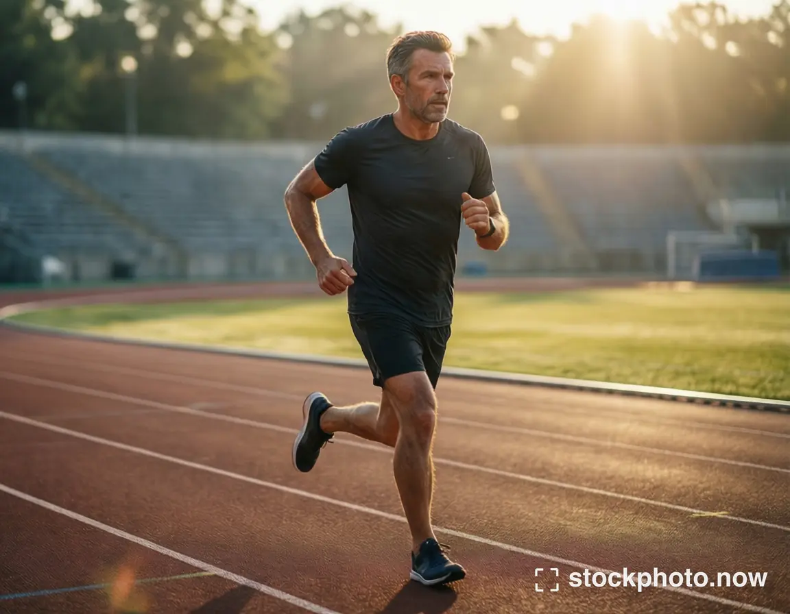 A middle-aged man runs dynamically on a red track at sunrise with stadium bleachers in soft golden light.