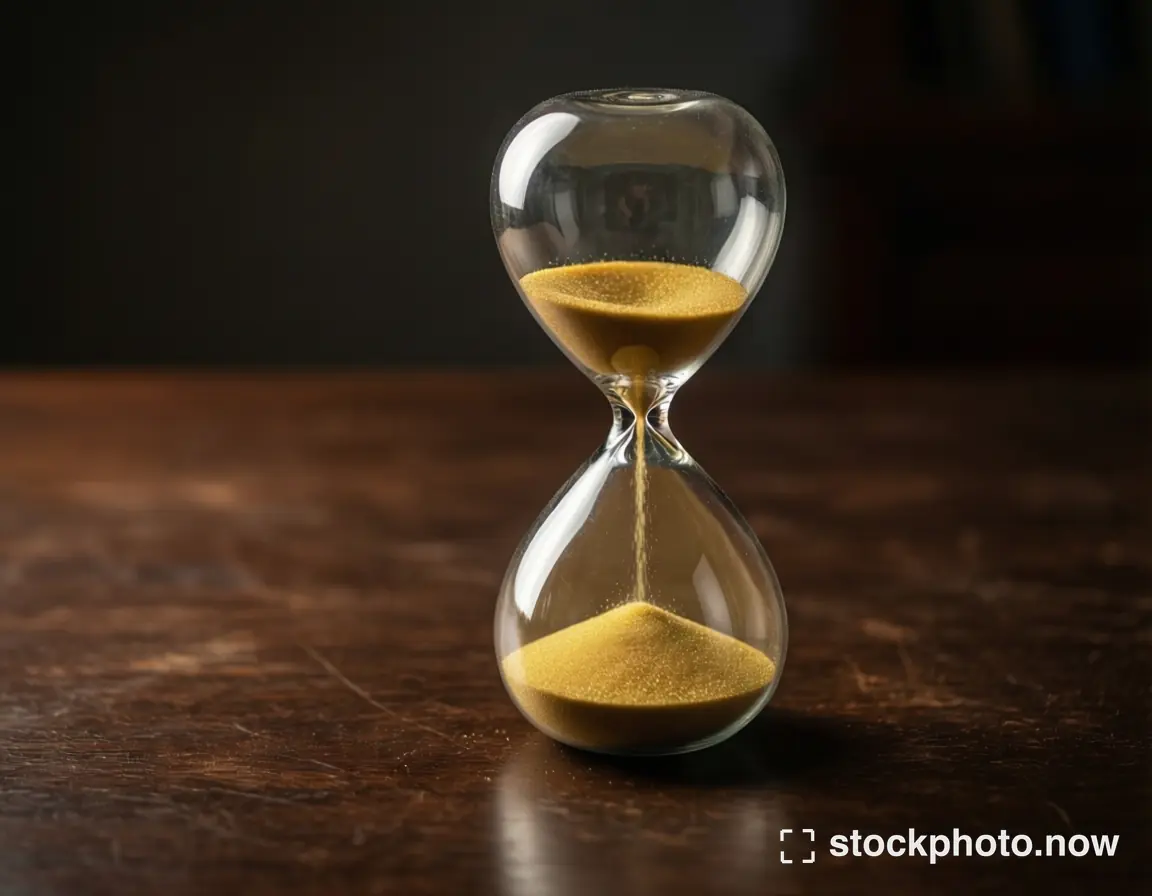 A glass hourglass filled with golden sand on a dark wooden tabletop