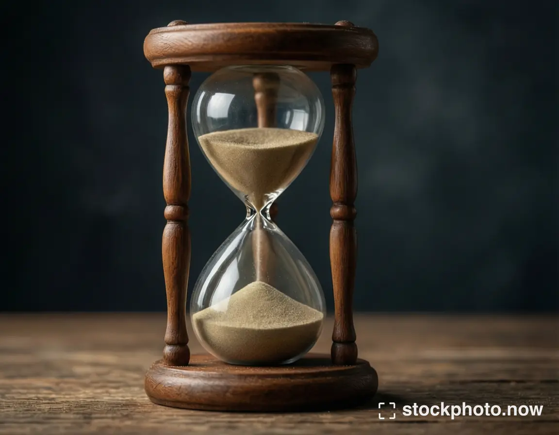 An antique wooden hourglass with amber sand rests on a rustic table against a dark backdrop.
