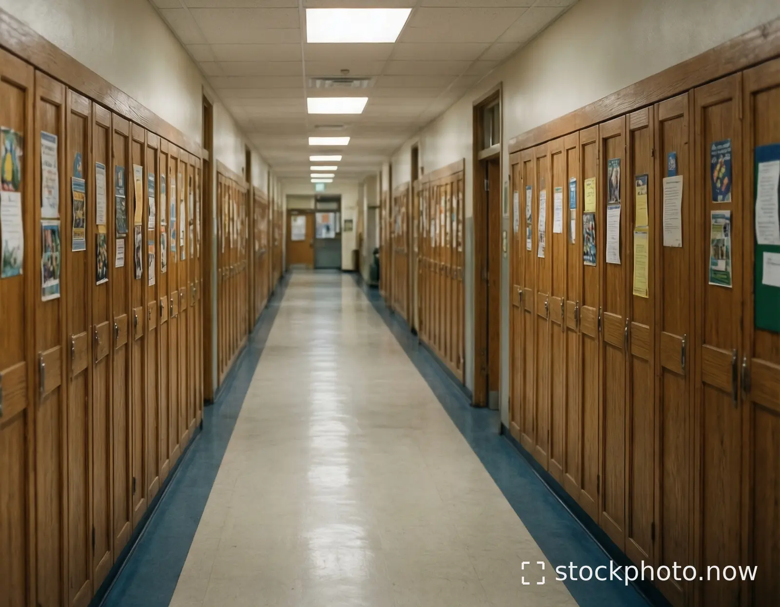 Long empty school hallway lined with wooden lockers and fluorescent lights overhead.