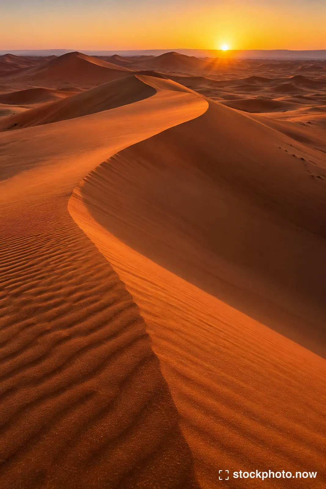 Sweeping orange sand dunes with a sharp ridge and deep warm shadows