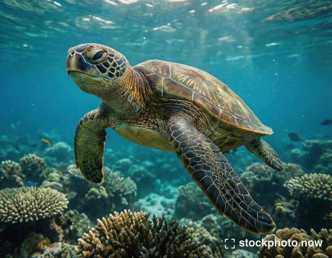 A green sea turtle glides gracefully above vibrant coral reefs under sunlit turquoise waters.