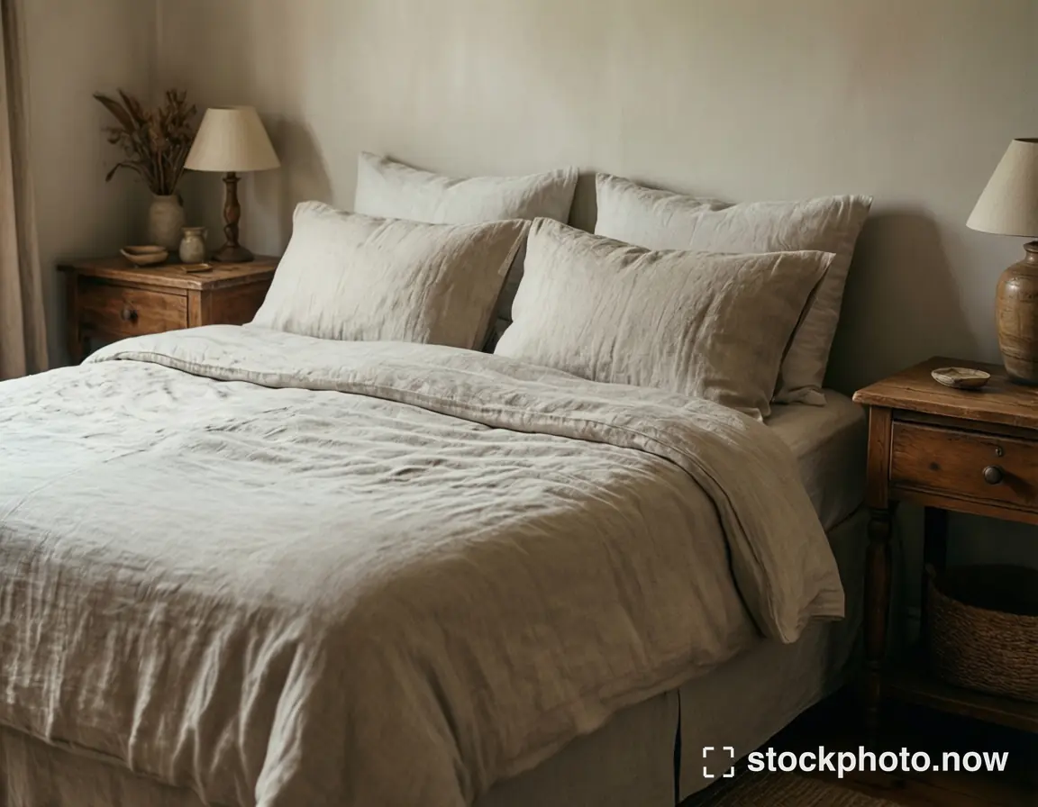 A serene bedroom with a neatly made bed in beige linen surrounded by wooden nightstands and warm lamps.