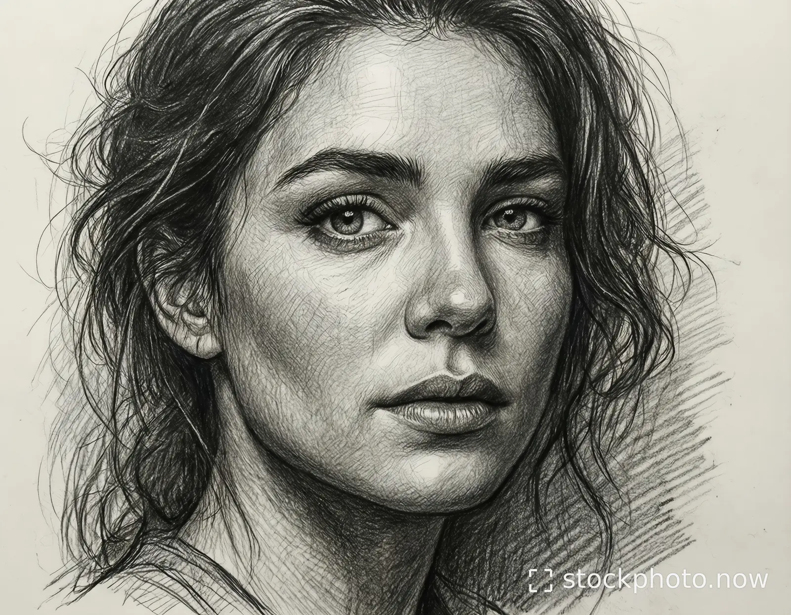 A highly detailed pencil sketch of a woman with wavy hair and intense gaze looking directly forward.