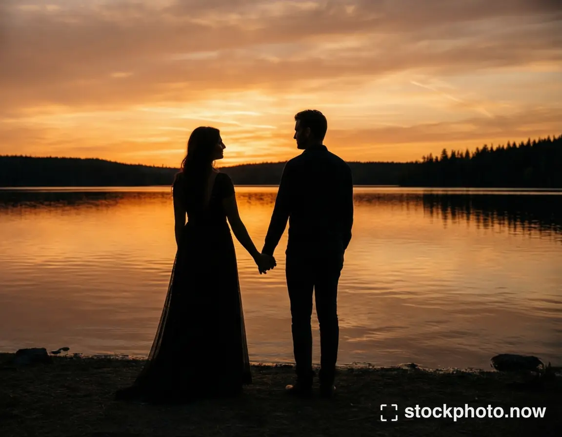 An adult couple holding hands in silhouette beside a calm lake beneath an orange sunset sky