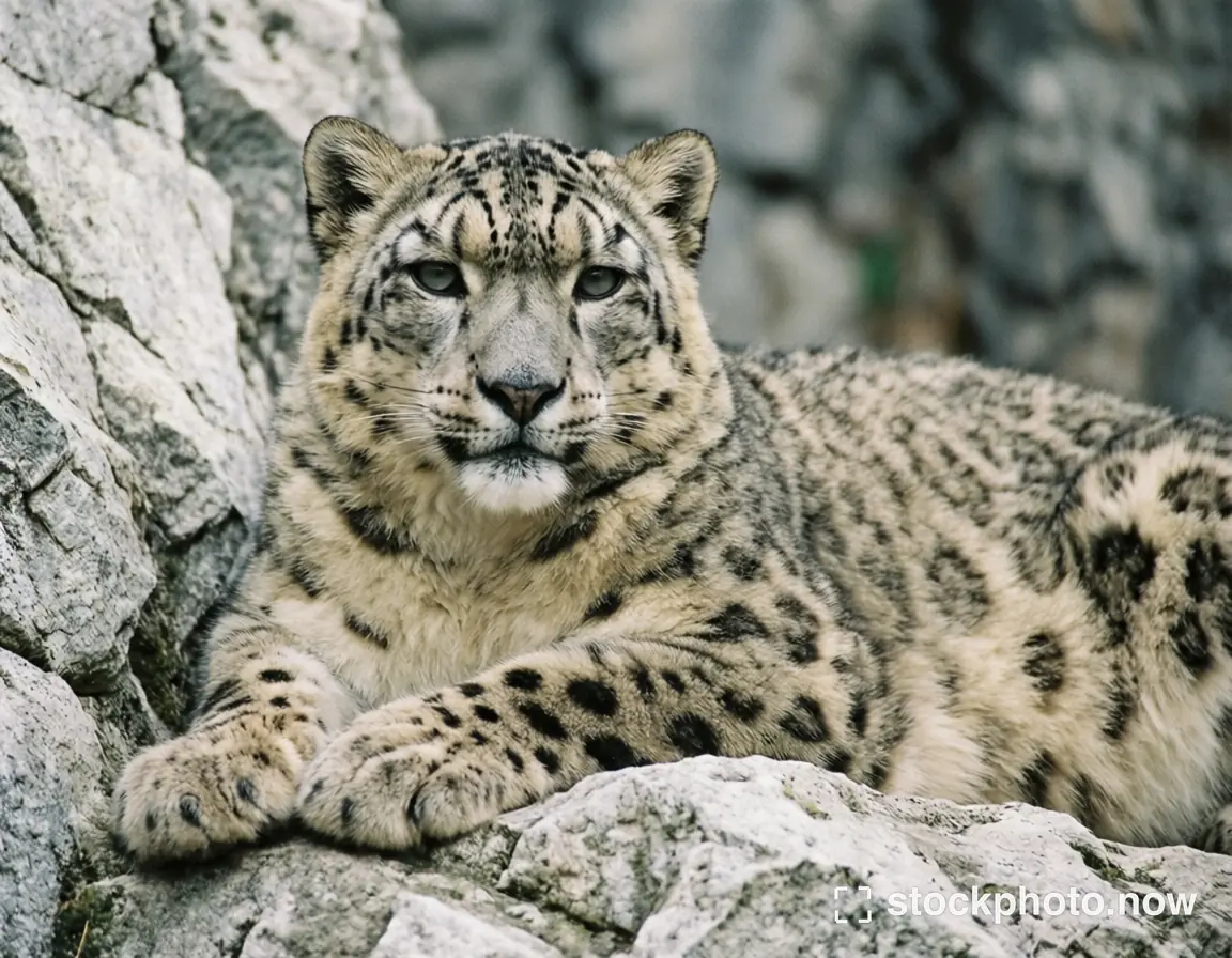 A snow leopard with spotted gray fur resting against pale rugged rocks