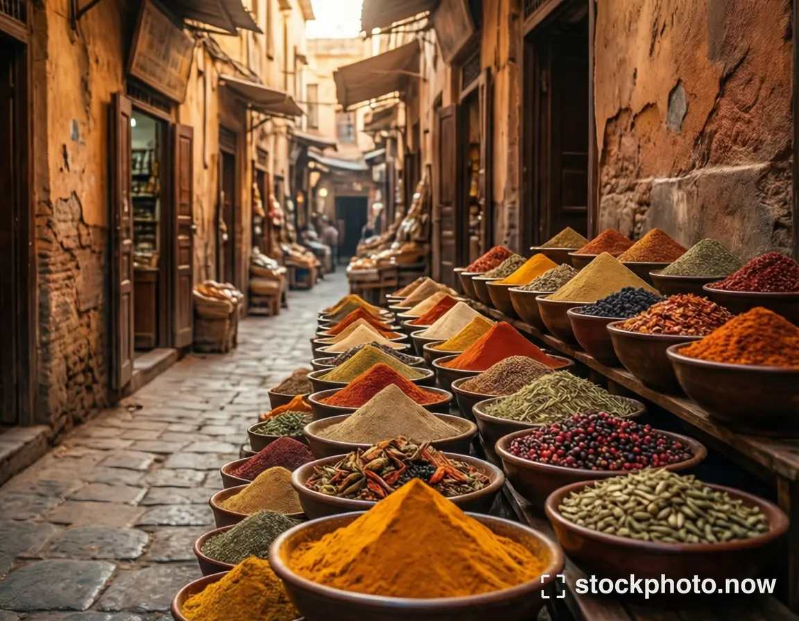 Rows of bowls filled with colorful spices lining a narrow warm-toned market alley