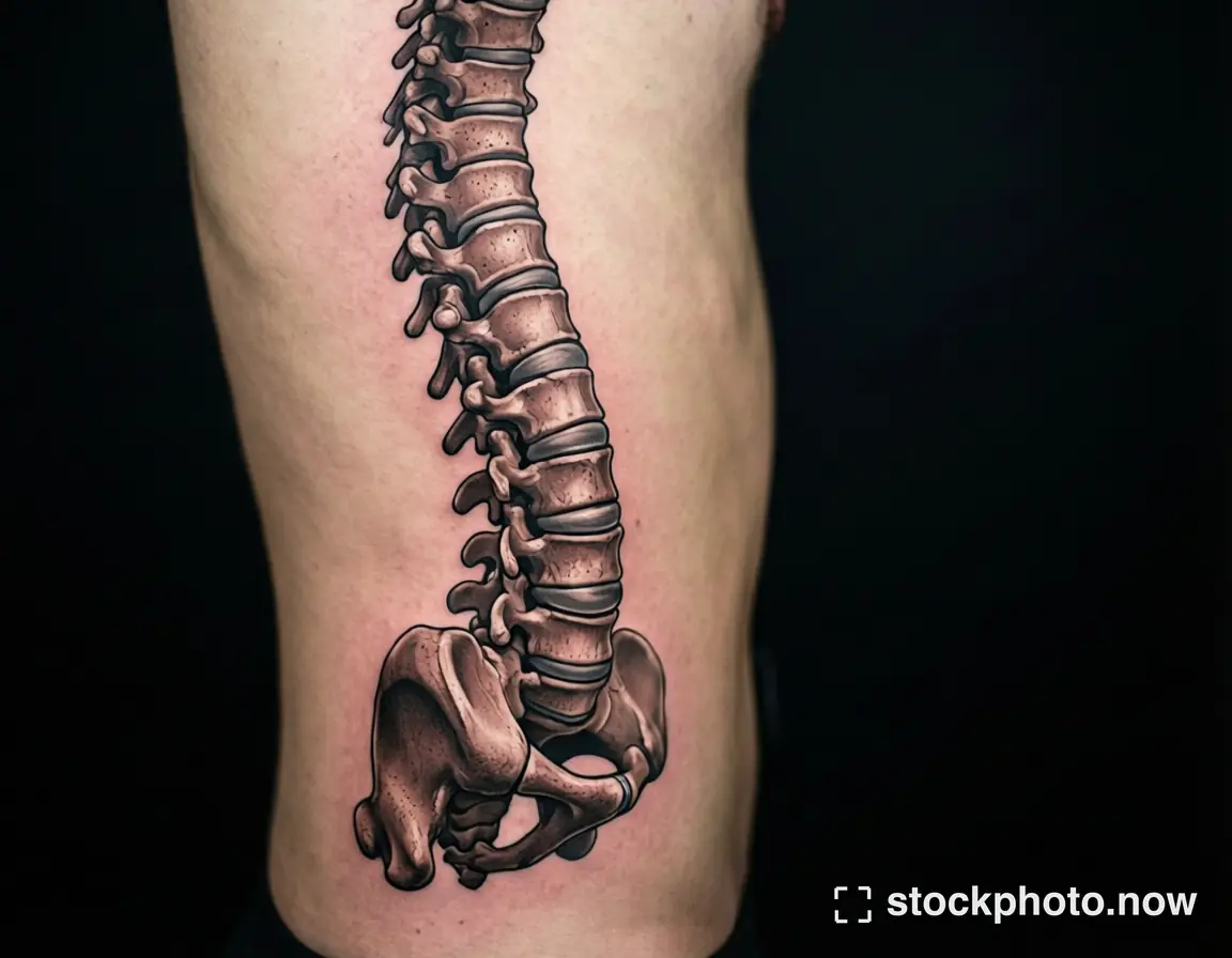 A hyperrealistic tattoo of a human spine and pelvis rendered in metallic bronze tones on a person's side against a black background.