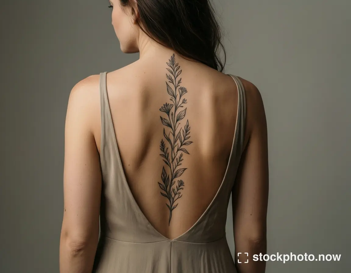 An adult woman viewed from behind with a fine botanical tattoo visible above a low-backed taupe dress