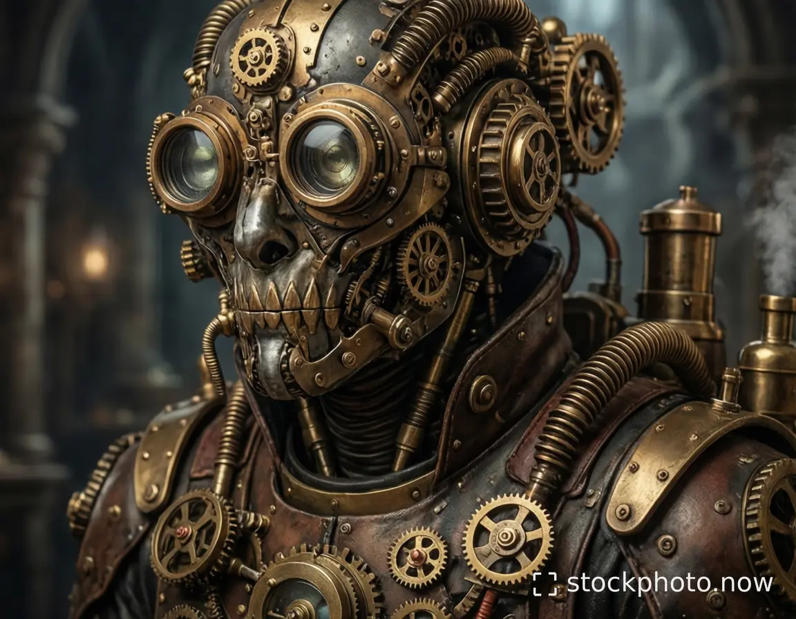 A steampunk warrior with brass gears and goggles fused into a skull mask stands in a smoky industrial chamber.