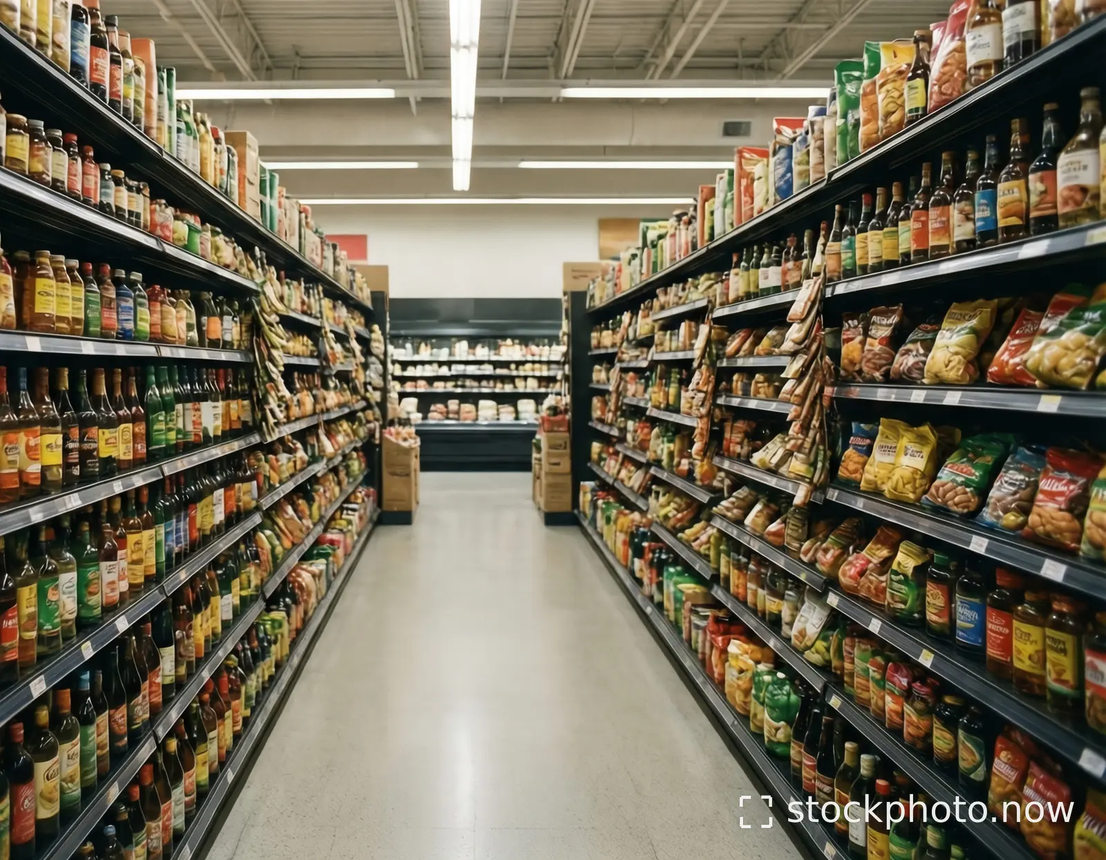 A long aisle in a well-lit grocery store filled with colorful bottles and bags of snacks on both sides.