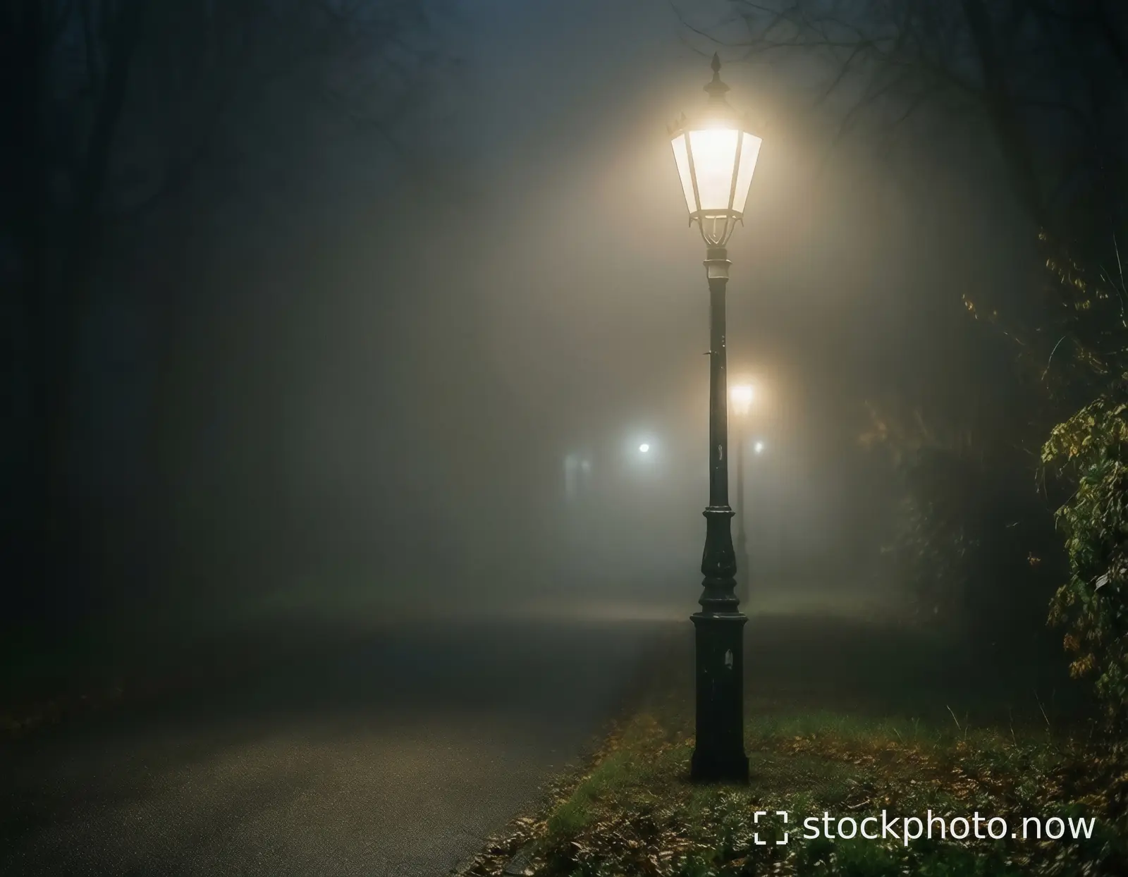 A vintage streetlamp glows warmly through thick fog on a quiet path lined with bare trees and fallen leaves.
