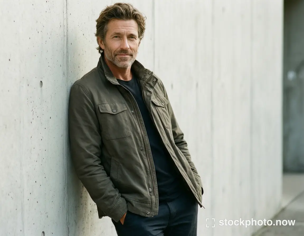 An adult man wearing an olive jacket and leaning beside a pale concrete wall