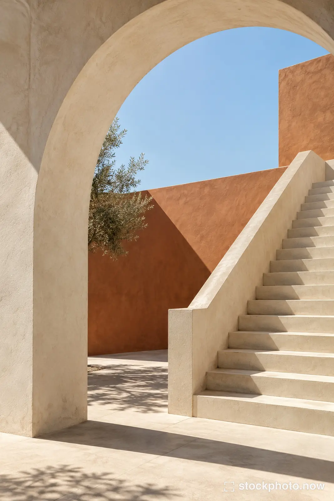 Cream concrete arch and staircase beside a terracotta wall in sunlight